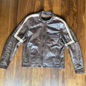 Belstaff Brown Leather Bomber Jacket with White and Red Stripes